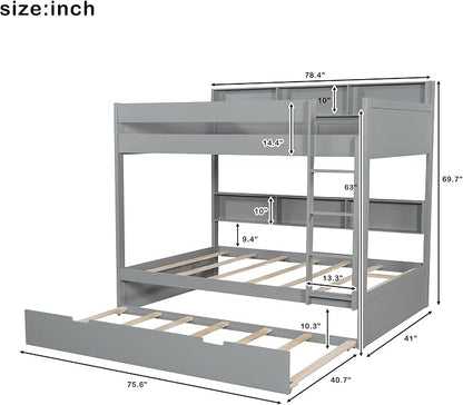 Harper & Bright Designs Rustic Wood Bunk Bed with Pull-Out Trundle, Twin Over Twin Wooden Bunk Bed with Large Cabinet Beside Upper and Down Bed, Gray