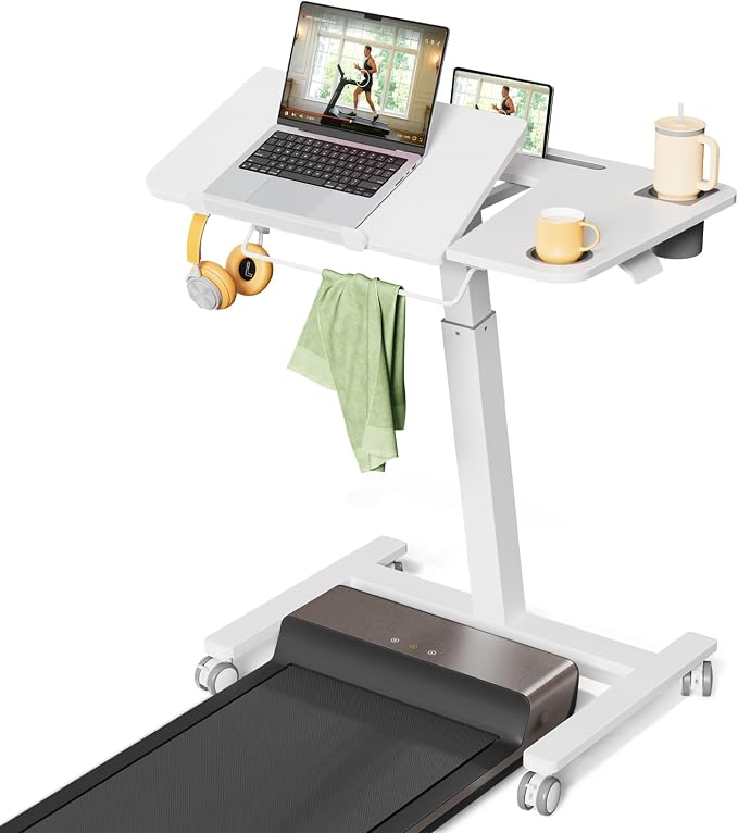 JOY worker Mobile Standing Desk for Treadmill, 31.5" Small Pneumatic Height Adjustable Walking Pad Desk, 40° Foldable Rolling Bike Trainer Stand Table on Wheels with Cup Holder & Towel Rack, White