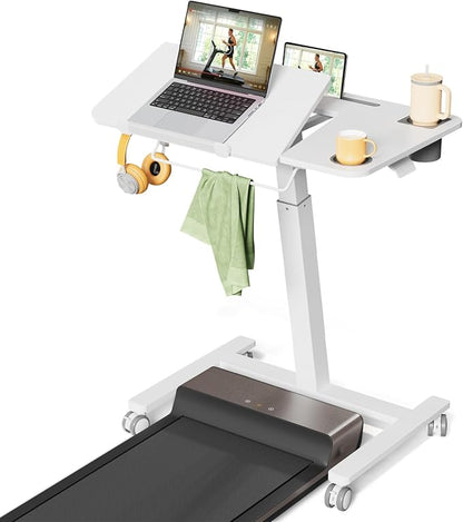 JOY worker Mobile Standing Desk for Treadmill, 31.5" Small Pneumatic Height Adjustable Walking Pad Desk, 40° Foldable Rolling Bike Trainer Stand Table on Wheels with Cup Holder & Towel Rack, White