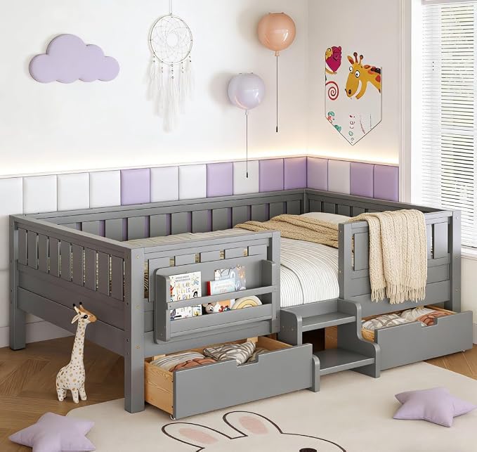 Bellemave Queen Size Kids Bed with high Rails and with Built-in Bookshelf and Drawers for Kids, Girls, Boys, Wood Montessori Bed Without Door, Gray