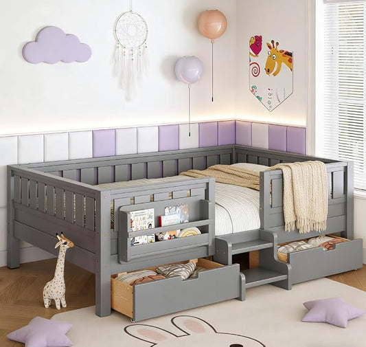 Bellemave Queen Size Kids Bed with high Rails and with Built-in Bookshelf and Drawers for Kids, Girls, Boys, Wood Montessori Bed Without Door, Gray