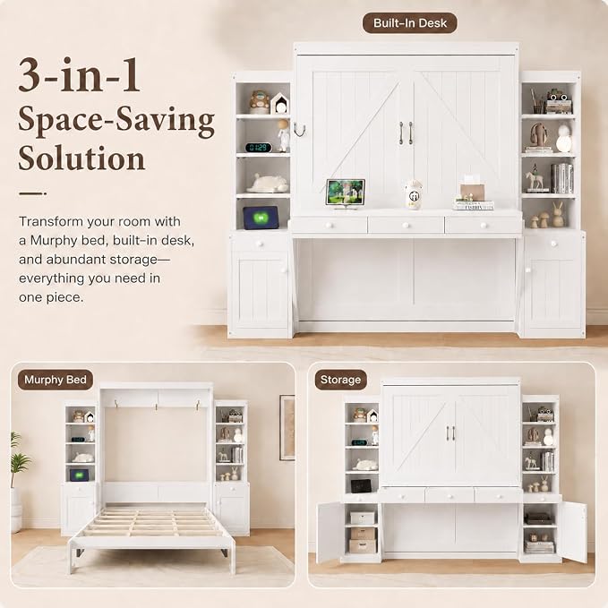 Queen Murphy Bed with Desk, Wall Bed Cabinet with Storage Shelves, Enclosed Cabinets and Hidden Foldout Workstation, Folding Cabinet Bed, Space Saving Bed for Guest Room, Home Office (Antique White)