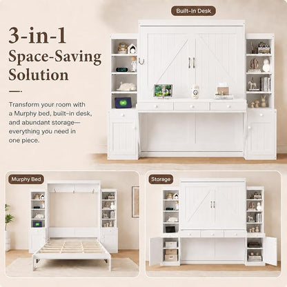 Queen Murphy Bed with Desk, Wall Bed Cabinet with Storage Shelves, Enclosed Cabinets and Hidden Foldout Workstation, Folding Cabinet Bed, Space Saving Bed for Guest Room, Home Office (Antique White)