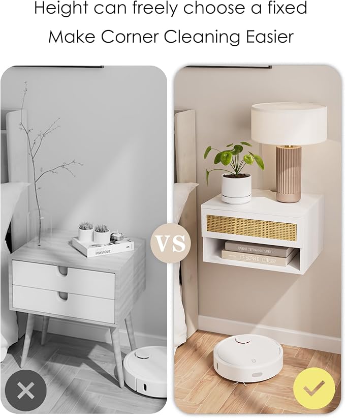 Small Modern Nightstand with Drawer, Floating Shelves for Bedroom, Bathroom (White Rattan)