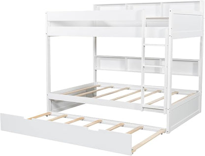 Wood Bunk Bed Twin Over Twin Size with Built-in Storage Shelves, Versatile Bunk Bed Frame with Ladder and Trundle Bed for Kids Teens Adults, Maximize Space (White-T2)
