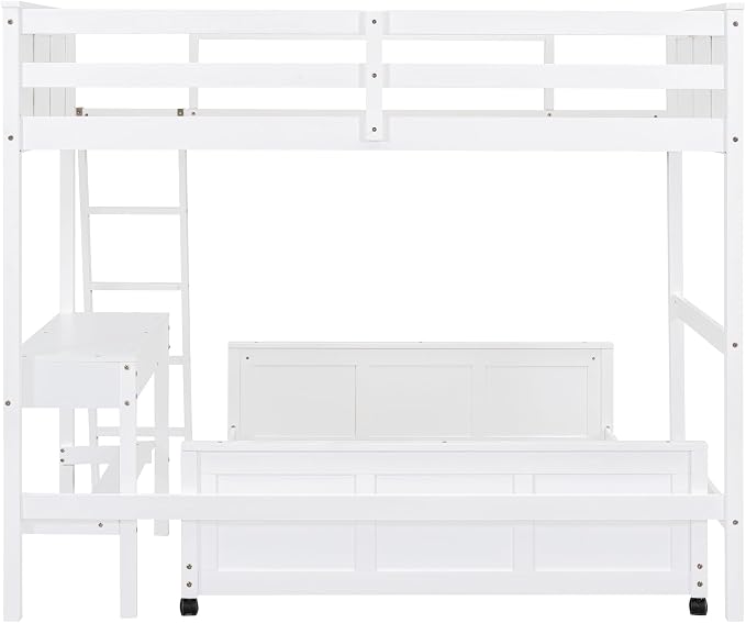 Ball & Cast Twin Over Full Bunk Bed with Safty Guardrail & Stairway,Heavy Duty Wood Loft Bedframe W/Desk & Drawers,Easy Assembly,Versatile Functional Bedroom Furniture Set for Boy Girl Teens,White