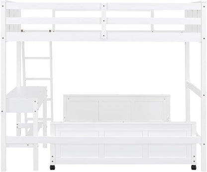 Ball & Cast Twin Over Full Bunk Bed with Safty Guardrail & Stairway,Heavy Duty Wood Loft Bedframe W/Desk & Drawers,Easy Assembly,Versatile Functional Bedroom Furniture Set for Boy Girl Teens,White