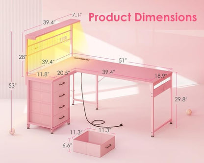 MOTPK 51” Large L Shaped Gaming Desk, Corner Computer Table with Shelf & Hutch, 4 Drawers, Reversible Study Desk with LED Light, Power Outlets & USB Ports, Home Office Table, Carbon Fiber Pink