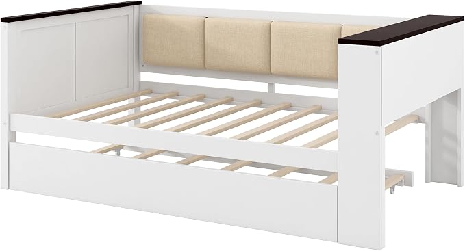 Bellemave Twin Size Corner Bed Frame with Storage Shelves and Trundle, Wood Twin Daybed with Bookcase and USB and Upholstered Backrest, White