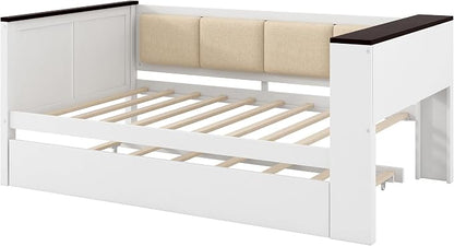 Bellemave Twin Size Corner Bed Frame with Storage Shelves and Trundle, Wood Twin Daybed with Bookcase and USB and Upholstered Backrest, White