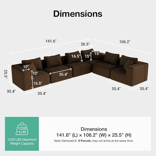 Novilla 141" Modular Sectional Sofa, Modern Cloud Sectional Couch with Smarts Coil® Support, L-Shape Boneless Couch for Living Room Apartments Bedroom, No Assembly Required, Brown (6 Seat)