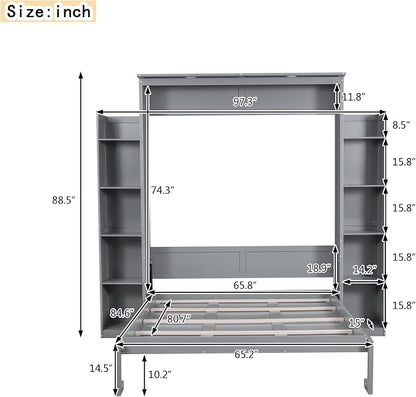 MERITLINE Queen Murphy Bed with Storage and LED Lights, Wood Grey Murphy Wall Bed Cabinet with Shelves Bookcase Bookshelf for Adults (Grey,Queen)