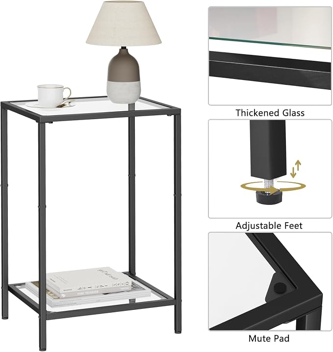 HOMSHO Side Tables Set of 2, End Tables with Tempered Glass, 2-Tier Nightstands with Storage Shelves, Coffee Table with Modern Style, Slim Sofa Table for Living Room, Bedroom, 11.8" D x 15" W, Black