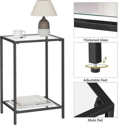 HOMSHO Side Tables Set of 2, End Tables with Tempered Glass, 2-Tier Nightstands with Storage Shelves, Coffee Table with Modern Style, Slim Sofa Table for Living Room, Bedroom, 11.8" D x 15" W, Black