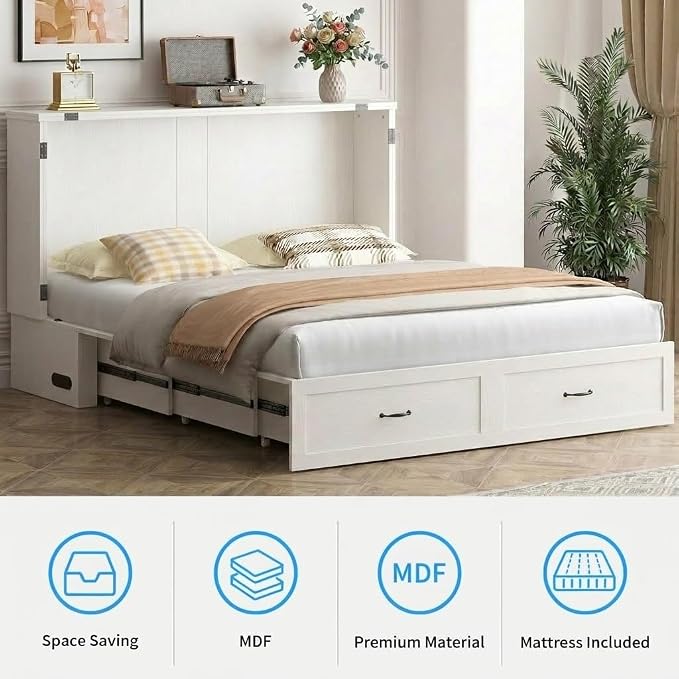 PUREMIND Murphy Bed Queen, Crisscross Frame Cabinet Beds Chest with Charging Station & Storage Drawers, Convertible Hideaway Cabinet Bed for Guest Room, White, Without Mattress