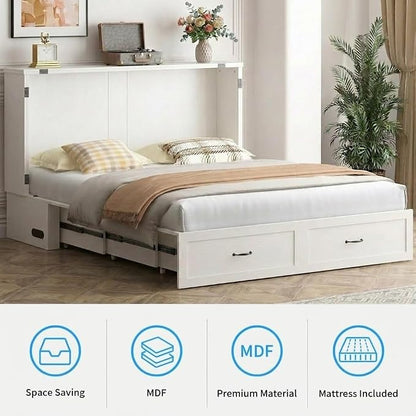 PUREMIND Murphy Bed Queen, Crisscross Frame Cabinet Beds Chest with Charging Station & Storage Drawers, Convertible Hideaway Cabinet Bed for Guest Room, White, Without Mattress