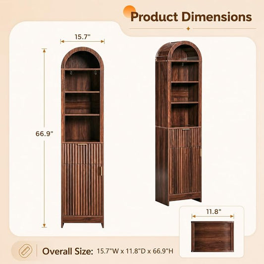VINGLI Tall Bathroom Storage Cabinet, 66.9" Freestanding Narrow Linen Cabinet with Arched Open Shelves, Drawer & Door, Slim Skinny Wood Cabinet for Bathroom, Living Room, Entryway, Dark Walnut