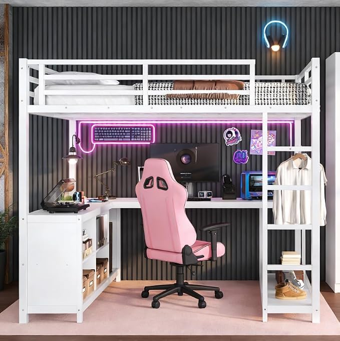 Bellemave Queen loft Bed with L Desk, Wardrobe, Metal Queen Size Loft Bed Frame for Adults, Kids, Teens, White