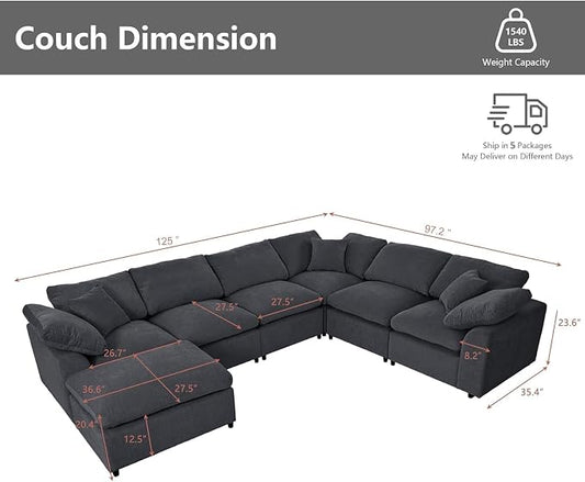 Oversized Modular Sectional Sofa Couch, Large 7 Seater Corner Sofa Modern U Shaped Sectional Couch with Ottoman Cloud Couches for Living Room, Office, Spacious Space, Gray