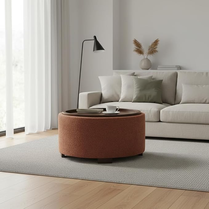 Zihanhome 30 Inch Round Storage Ottoman Coffee Table, Modern Boucle Ottoman with Lift-Off Lid and Solid Wood Legs for Living Room, Bedroom, Corners, Apartments (Orange)