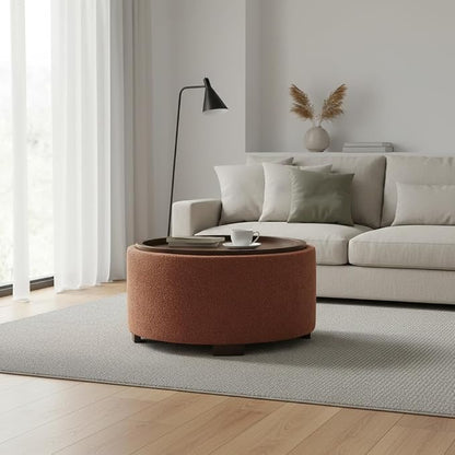 Zihanhome 30 Inch Round Storage Ottoman Coffee Table, Modern Boucle Ottoman with Lift-Off Lid and Solid Wood Legs for Living Room, Bedroom, Corners, Apartments (Orange)