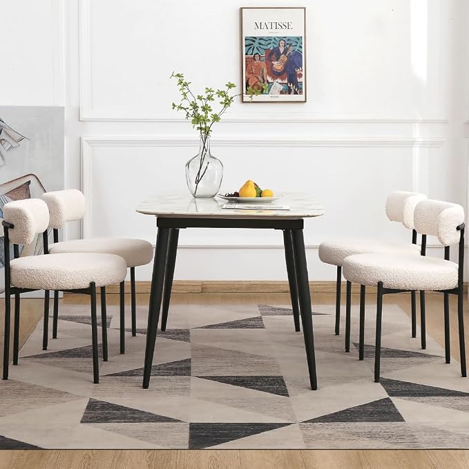EDWELL White Dining Chairs Set of 4, Modern Dining Room Chairs with 3.94“ Cushions and Metal Legs, Round Upholstered Kitchen Dining Chairs, Ergonomic Backrest Boucle Chairs for Kitchen, Living Room