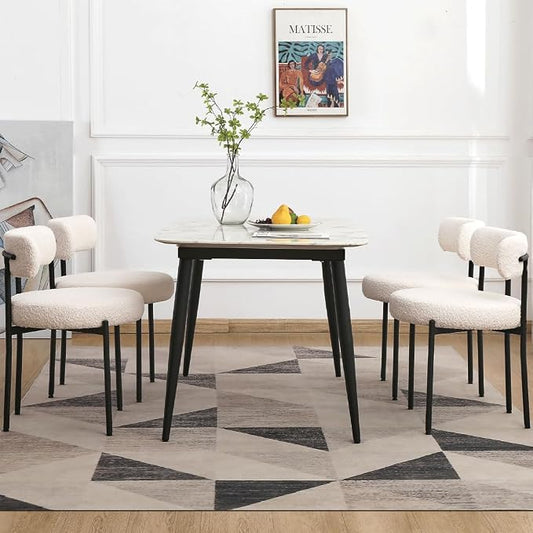 EDWELL White Dining Chairs Set of 4, Modern Dining Room Chairs with 3.94“ Cushions and Metal Legs, Round Upholstered Kitchen Dining Chairs, Ergonomic Backrest Boucle Chairs for Kitchen, Living Room