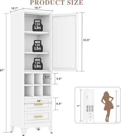 Metal Tall Narrow Storage Cabinet, Freestanding Floor Cabinet with Drawers and Adjustable Shelves, Pantry Storage Cabinets for Bathroom, Living Room, Entryway and Kitchen,White