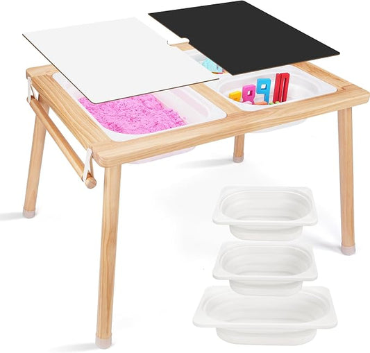 Kids Sensory Table，Sensory Activity Table with Paper Roll Stick & Double-Side Board，Toddler Play Sand Table with 3 Storage Bins，Indoor Outdoor Boys Gilrs