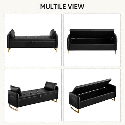 65" End of Bed Storage Bench, Modern Storage Benches for Foot of Bed with Tufted Button and Gold Legs, Upholstered Faux Leather Window Ottoman Benches with Armrests, Black