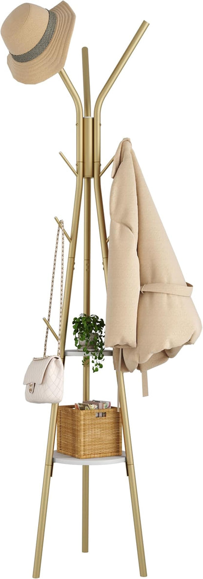 HOMEFORT Coat Rack, Coat Hanger Stand with 2 Shelves, Freestanding Hall Tree, Metal Hat Hanger with 12 Hooks for Clothes Hats and Scarves (Gold)