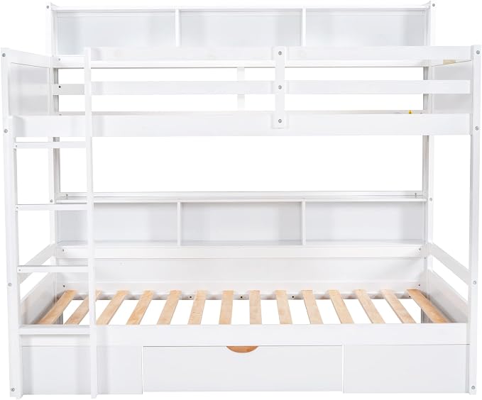 RUNNA Twin Bunk Bed with Storage Drawer, Shelves,Ladder, White | Twin bunk bed with storage drawer, shelves, ladder, guardrails, solid wood, no box spring needed, white, kids teens