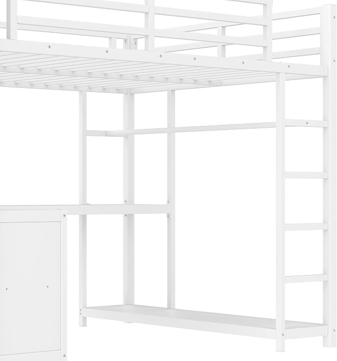 Bellemave Queen loft Bed with L Desk, Wardrobe, Metal Queen Size Loft Bed Frame for Adults, Kids, Teens, White