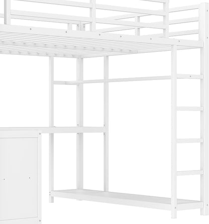 Bellemave Queen loft Bed with L Desk, Wardrobe, Metal Queen Size Loft Bed Frame for Adults, Kids, Teens, White
