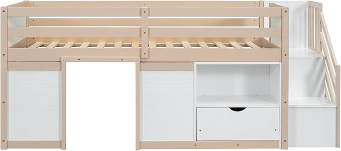 Bellemave Twin Size Low loft Bed for Kids,Wood Loft Beds,Modern Farmhouse Twin loft Bed,Loft Bed with Desk and Storage, No Box Spring Needed,for Kids, Cream White and Natural
