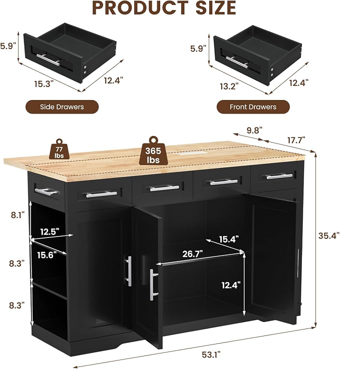 Dripex 53'' Rolling Kitchen Island with Power Outlet, Drop Leaf & Trash Can Storage, Large Island Cart on Wheels with Rubberwood Top, 4 Drawers, Open Shelves, for Kitchen, Dining Room (Black)