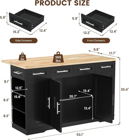 Dripex 53'' Rolling Kitchen Island with Power Outlet, Drop Leaf & Trash Can Storage, Large Island Cart on Wheels with Rubberwood Top, 4 Drawers, Open Shelves, for Kitchen, Dining Room (Black)