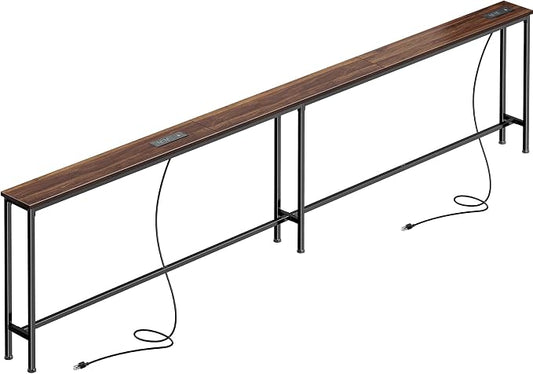 SUPERJARE 102 Inch Sofa Table with 2 Power Outlets and USB-C Ports, 5.9 Inch Narrow Console Table with Storage, Extra-Long, for Entryway Hallway Couch Behind Sofa, Small Spaces, Walnut