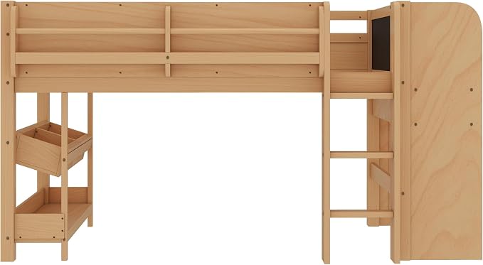 Bellemave Twin Size Low loft Bed with Desk and bookcases, Boxes and Drawers for Kids,Wood Modern Farmhouse Kids Loft Beds with Shelf, Natural