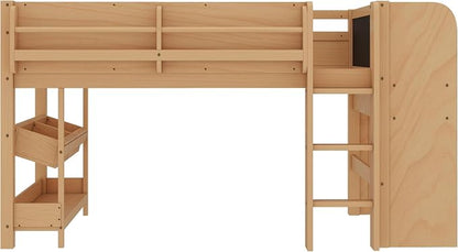 Bellemave Twin Size Low loft Bed with Desk and bookcases, Boxes and Drawers for Kids,Wood Modern Farmhouse Kids Loft Beds with Shelf, Natural