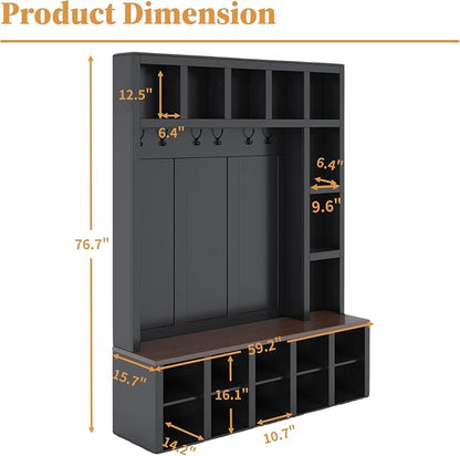Hall Tree with Bench and Shoe Storage,Shoe and Coat Rack with Drawer and Hooks,Farmhouse Furniture for Entryway,Mudroom,Living Room,Black (Black, 59.2")