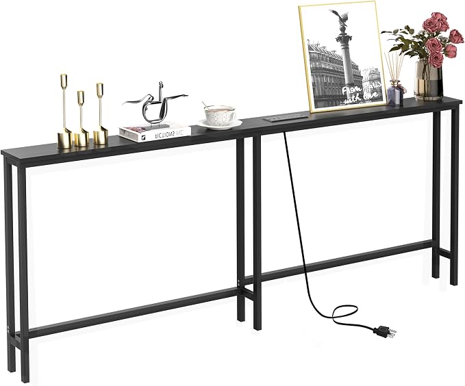 VASMIA 70.9 Inch Narrow Console Table with Outlet,Bamboo Sofa Table,Behind Couch Table,Skinny Hallway Table for Entryway Living Room,Foyer,Black