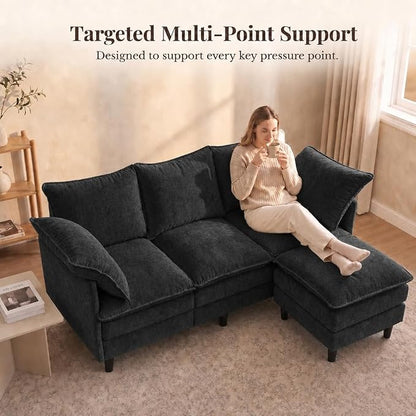 Convertible Sectional Sofa, 69" Small Cloud L-Shaped 3-Seat Couch with Movable Ottoman & Curved Armrest, Modern Chenille Fabric for Living Room, Apartment and Small Space, Black