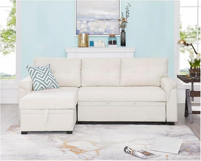 Naomi Home 84" L-Shaped Sectional Sleeper Sofa with Pull Out Bed | Sleeps Guests Comfortably, Stores Essentials in Chaise & Saves Space, Velvet, Cream Convertible Sofa Bed