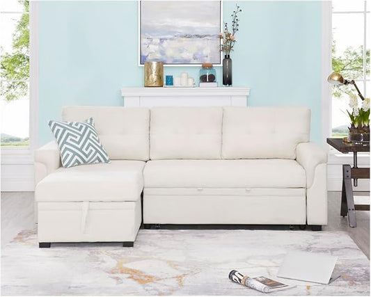Naomi Home 84" L-Shaped Sectional Sleeper Sofa with Pull Out Bed | Sleeps Guests Comfortably, Stores Essentials in Chaise & Saves Space, Velvet, Cream Convertible Sofa Bed