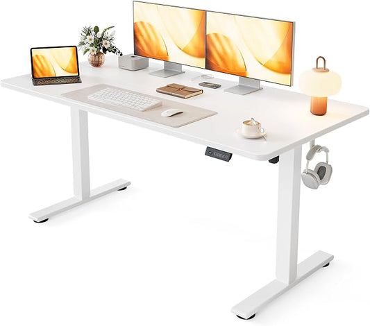 Cubiker Standing Desk, 55x28 Inches Sit Stand Home Office Desk, Electric Stand up Desk, Adjustable Desk with Splice Board, White Frame/White Top