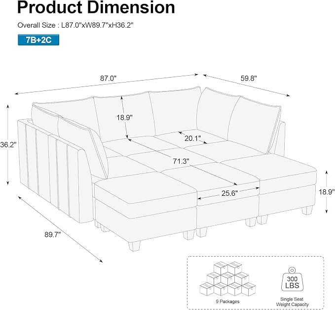 Belffin Modular Sectional Sofa Bed with Storage, 9-Seater Velvet Reversible Sleeper Couch for Living Room, Blue