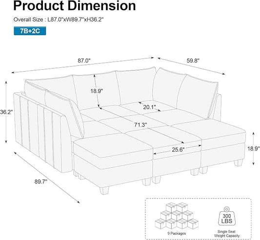 Belffin Modular Sectional Sofa Bed with Storage, 9-Seater Velvet Reversible Sleeper Couch for Living Room, Blue