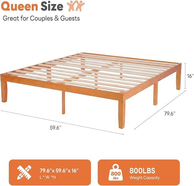 Sweetcrispy Queen Size Bed Frame 16 inch Heavy Duty Platform Bedframe, 1000 lbs Capacity, Underbed Storage, No Box Spring Needed, Wooden Slats, Easy Assembly with Velcro, Honey Finish
