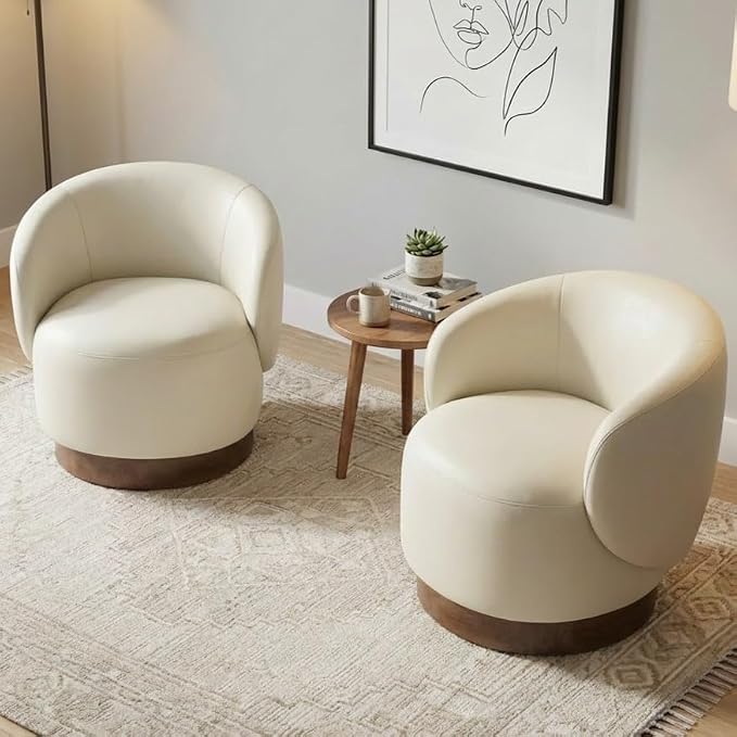 KISLOT Swivel Accent Chair Modern Round Barrel Armchair with Upholstered Faux Leather for Living Room Bedroom Waitingroom,1 Box,Cream